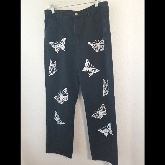 SHEIN Denim - Shein Black Butterfly Straight Leg Jeans Sz Large